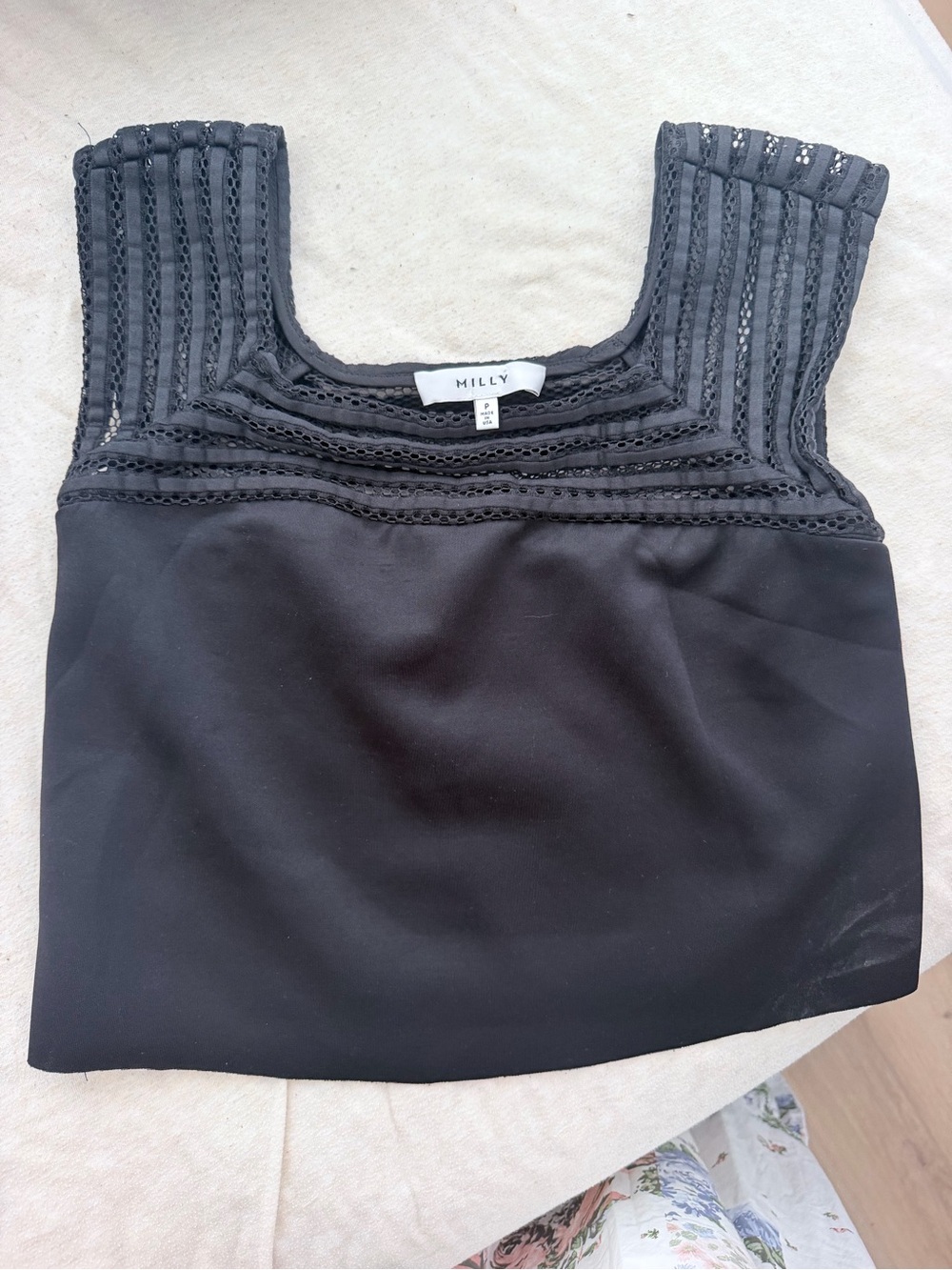 Milly Black Lace-Trim Square Neck Tank